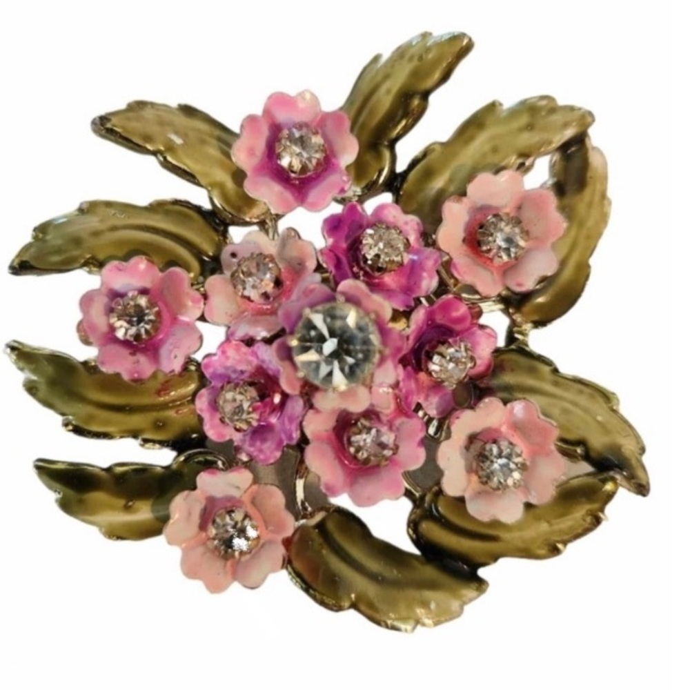 Vintage Coro Gene Verrecchio Enameled Rhinestone Flower Brooch
